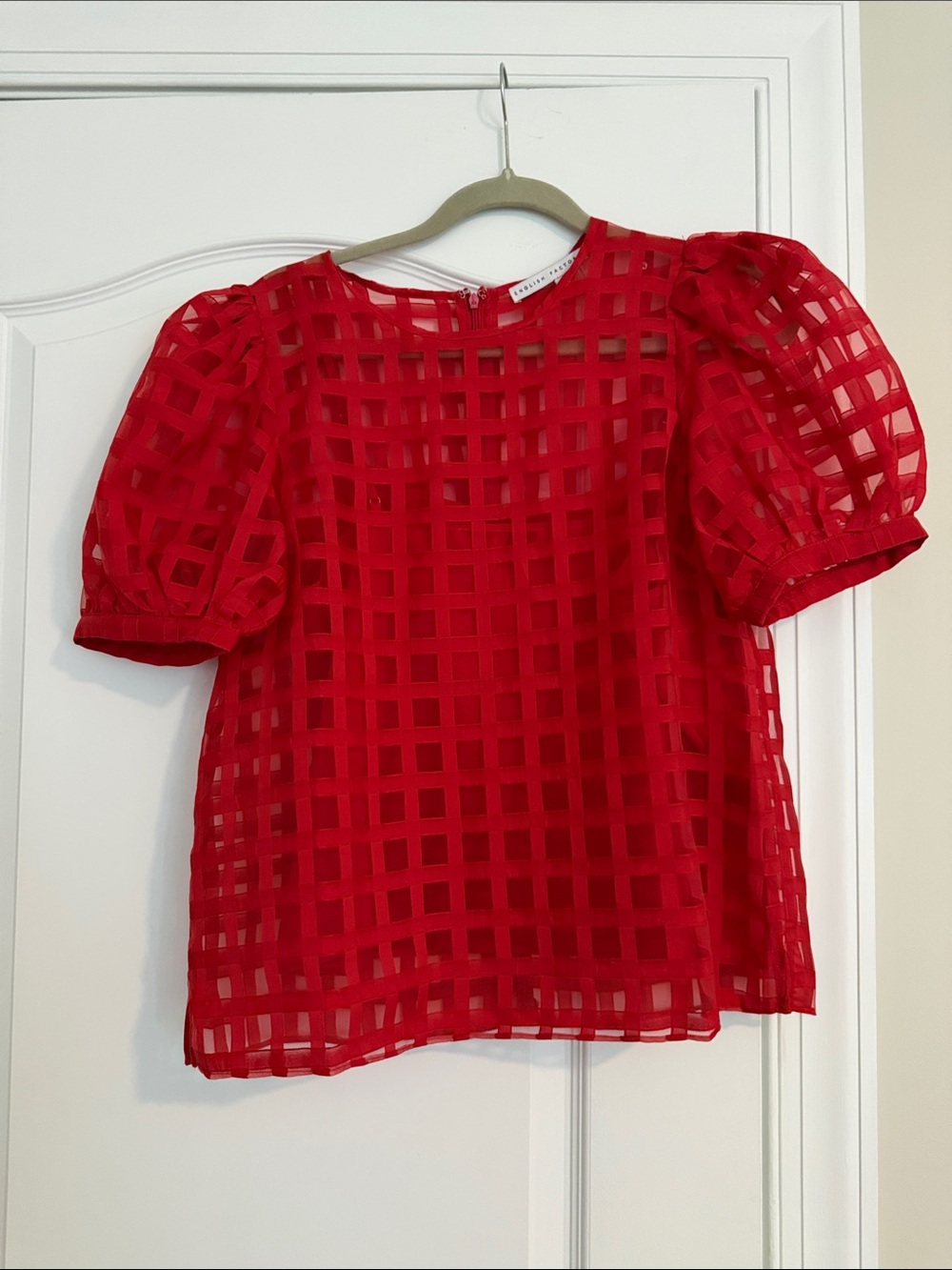 English Factory Red Checkered Puff Sleeve Mesh Blouse